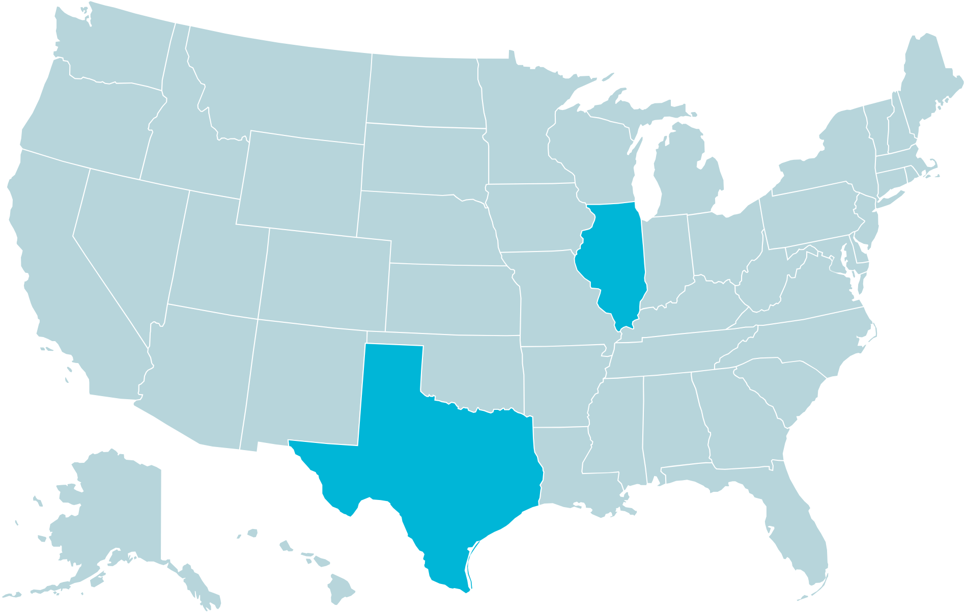 Map of U.S. states showing participating dentists in Illinois and Texas